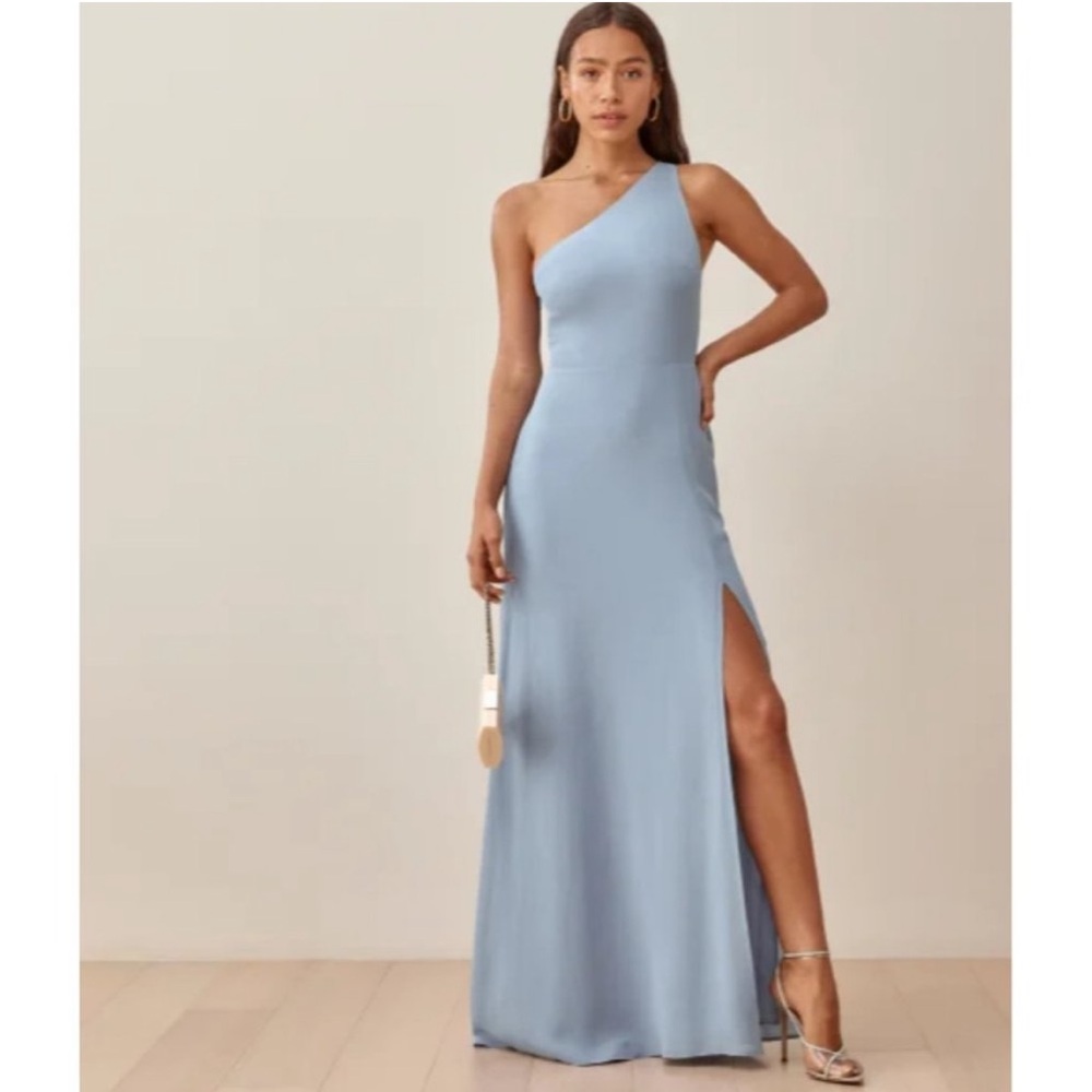 Reformation One Shoulder Evelyn Dress. Size 4. Color Mineral Blue.